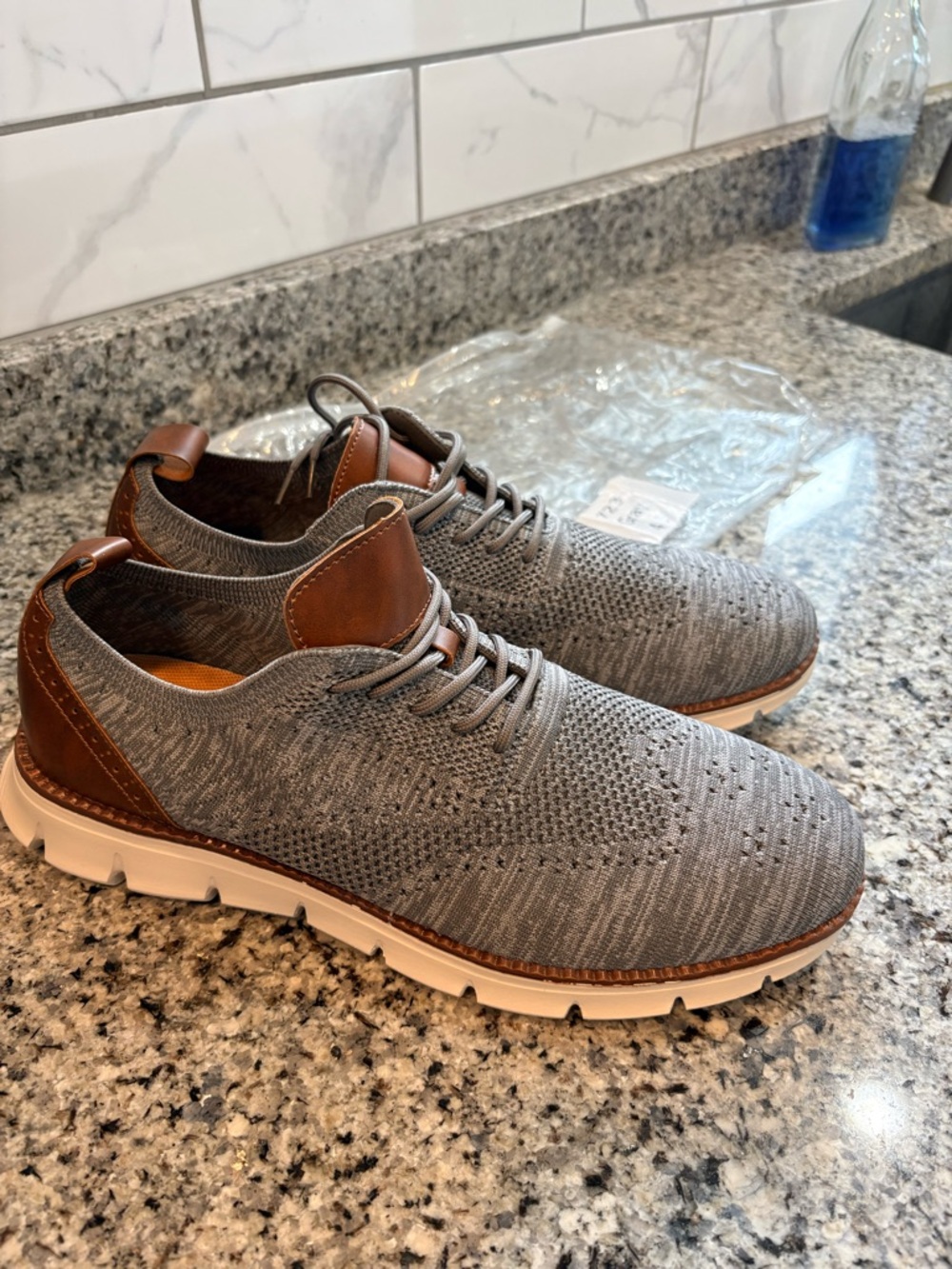Men's Knit Derby Shoes in Gray with Brown Trim